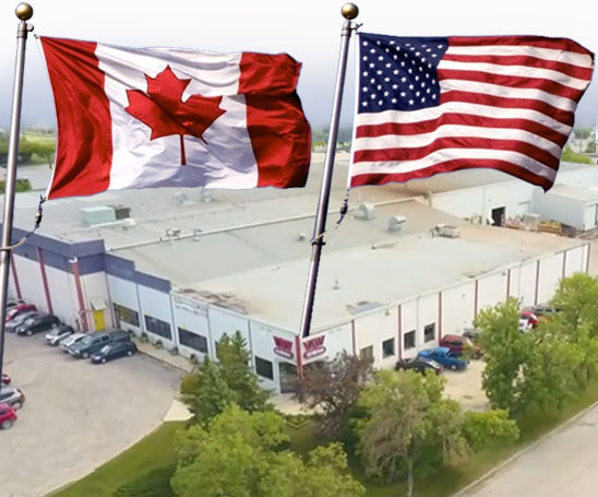 Ariel photo of VAW Systems head office with Canada and USA flags